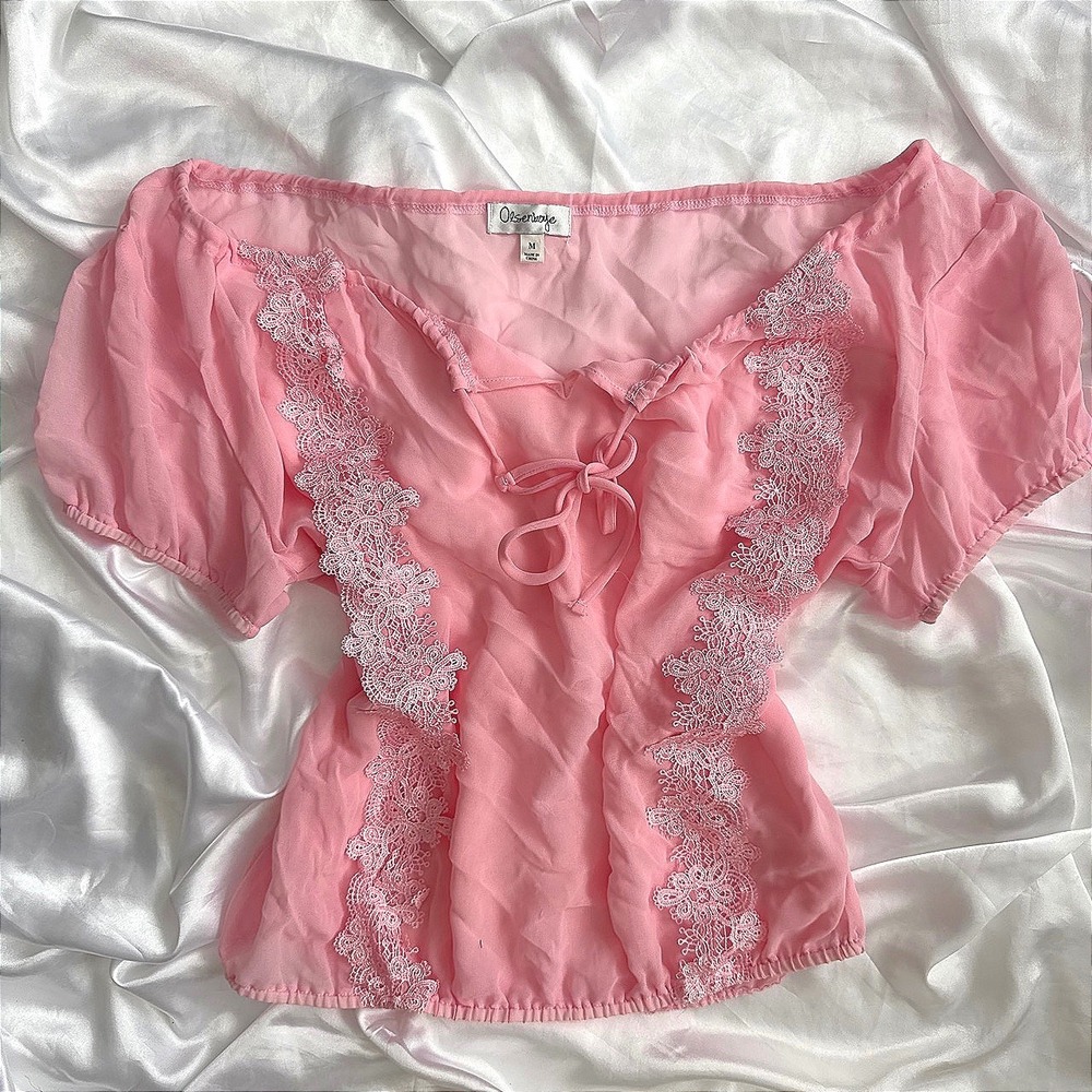 Olsenboye Pink Lace Trim Peasant Blouse Off Shoulder Top OB2427T-FU M